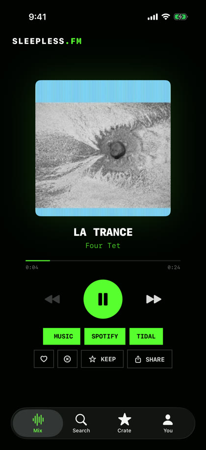 The Sleepless.fm iPhone app playing La Trance by Four Tet