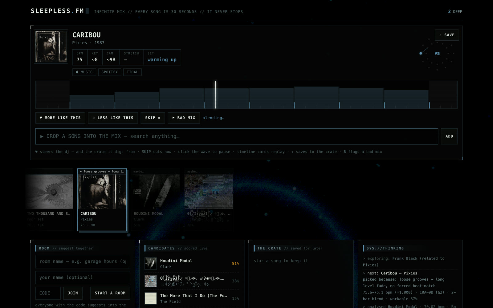 Sleepless.fm mid-mix on desktop: the waveform, the next tracks and the DJ's reasoning